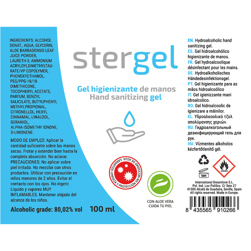 STERGEL - HYDROALCOHOLIC HAND SANITIZING GEL ALOE VERA 100ML - Imagen 3